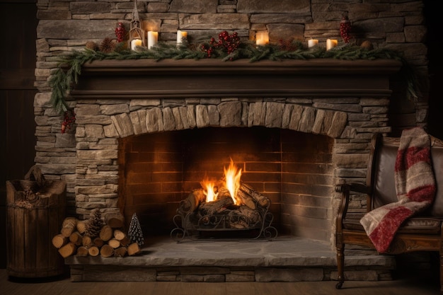 Gemütlicher Kamin mit echtem Holz, warmer Steinherd für Weihnachtsdekoration und Rosenkranz