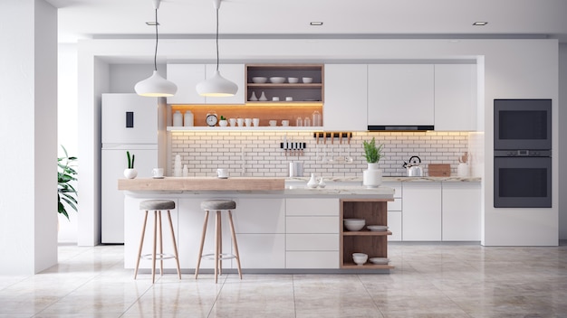 Gemütlicher moderner Küchenweißrauminnenraum