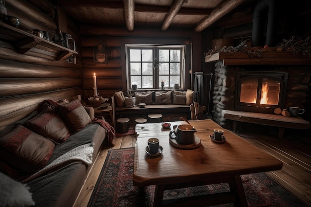Gemütlicher Rückzugsort in einer Hütte mit prasselndem Feuer und heißem Kaffee an einem kalten Wintertag, geschaffen mit generativer KI
