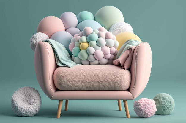 Gemütlicher Sessel mit weichen und flauschigen Kissen in Pastellfarben, die mit generativer KI erstellt wurden