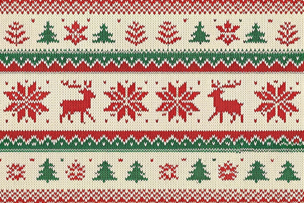 Gemütlicher Strick-Weihnachts-Hintergrund Warme handgefertigte Weihnachtsmotive in klassischem Rot, Weiß und Grün