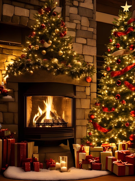 Foto gemütlicher weihnachtsherd, nahansicht, sanftes leuchten, neutrale farbtöne, hochdetailliertes cin, generativ, ki generiert