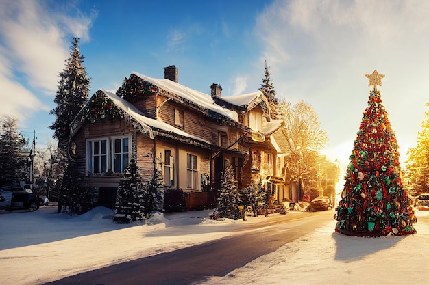 Gemütlicher Weihnachtshintergrund mit englischem Häuschen im Dorf, verschneites, sonniges Wetter, Morgenschnee auf dem großen Weihnachtsbaum neben dem Haus. Grußkarte
