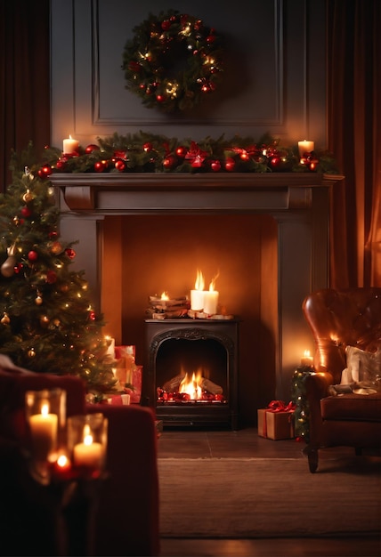 gemütlicher Weihnachtskamin mit flackernden Flammen und festlicher Dekoration