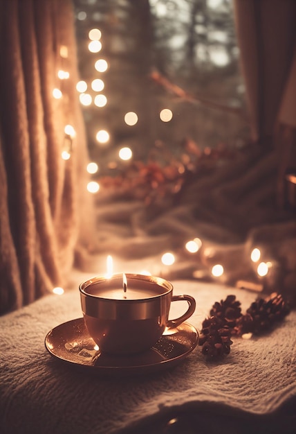 Gemütlicher Winter- oder Herbstmorgen zu Hause Schwedische Hygge beinhaltet heißen Kaffee mit einem goldenen Metalllöffel