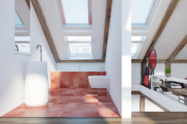 Gemütliches Badezimmer mit rotem Boden, weißem Waschbecken und Toilette. Ein Dachzimmer mit Fenstern im Dach. 3D-Rendering-Attrappe