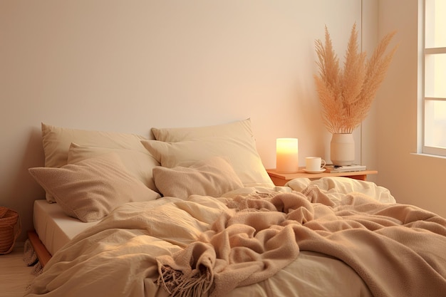 Gemütliches Beige im modernen Innendesign des Schlafzimmers, dekoriert mit einer luxuriösen großen Bettvase von Generative Ai