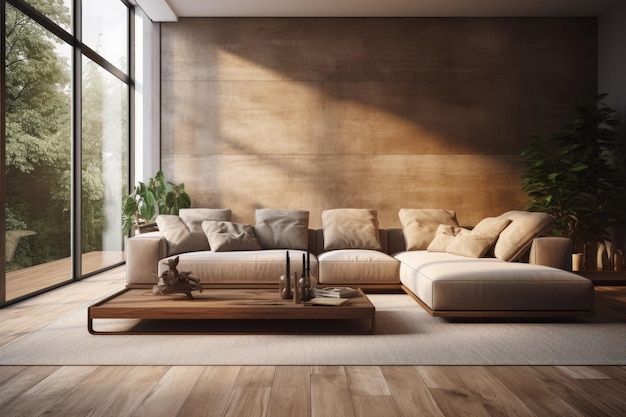Gemütliches Beige im modernen Wohnzimmerdesign, dekoriert mit einer luxuriösen großen Sofavase von Generative Ai