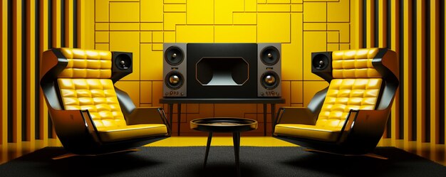 Gemütliches beleuchtetes Podcast-Studio mit luxuriösen Möbeln