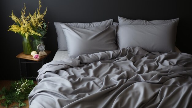 gemütliches Bett mit Blumen und Kissen
