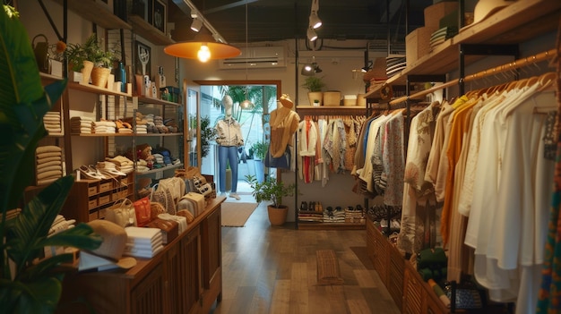 Gemütliches Boutique-Interieur mit Kleidung und Zubehör auf Holzregalen und Regalen