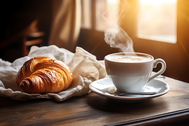 Gemütliches Café-Ambiente durchsichtige Tasse dampfenden Kaffees und frischer Croissant