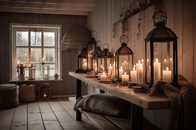 Gemütliches Cottage mit Kaminlaternen und Kerzen für eine hyggeinspirierte Umgebung, die mit generativer KI erstellt wurde