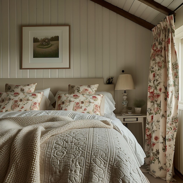 Foto gemütliches country-cottage-stil-schlafzimmer mit blumendruck vorhänge vin innenarchitektur kreatives dekor