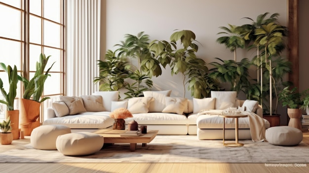 Gemütliches, elegantes Wohnzimmer im Boho-Stil in natürlichen Farben, bequeme Couch mit Kissen und Kissen