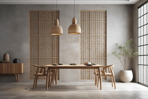 Gemütliches Esszimmer mit rustikalem Holztisch und bequemen Stühlen Generative AI