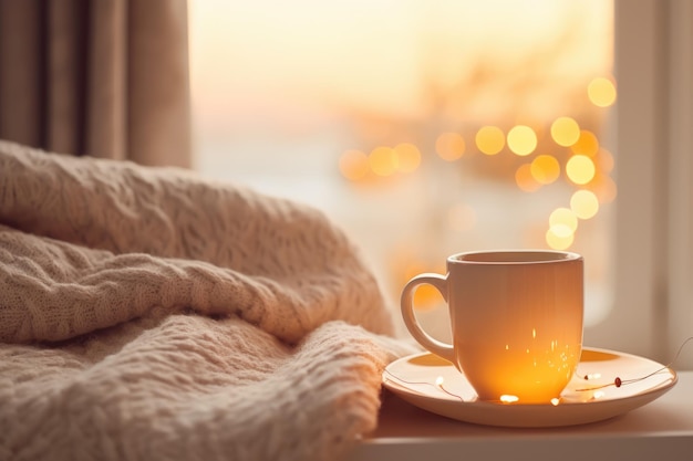 Foto gemütliches foto eine tasse kaffee, eine decke am fenster, weihnachtsbeleuchtung, winter