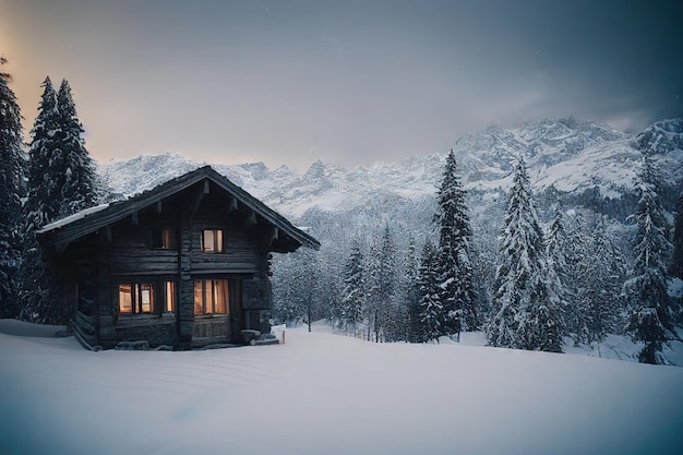 Gemütliches Haus außen in Bergen zwischen Schnee und Bäumen