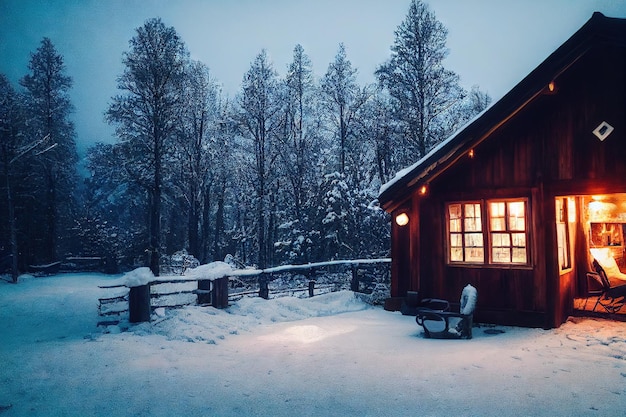 Gemütliches Haus außen mit Beleuchtung vor dem Hintergrund der Winterlandschaft