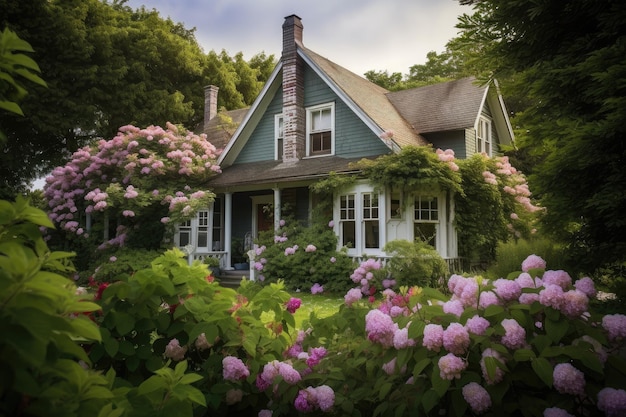 Gemütliches Haus, umgeben von blühenden Blumen und grünem Laub an der Außenseite