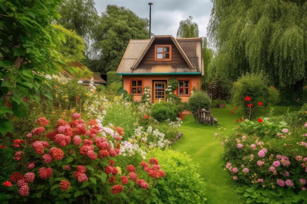 Gemütliches Haus, umgeben von blühenden Blumen und viel Grün