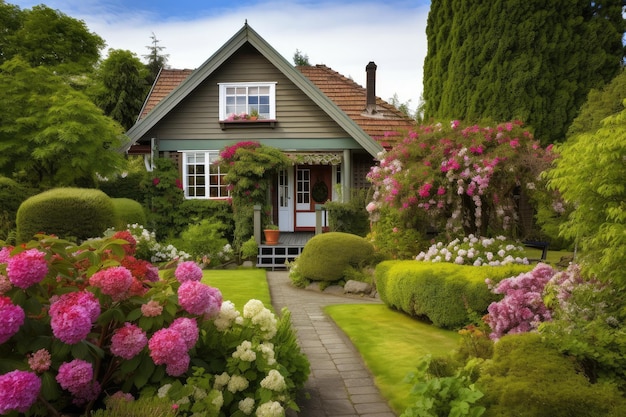 Gemütliches Haus von außen mit Blick auf den Garten und blühende Blumen