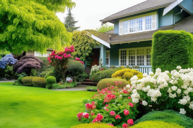 Gemütliches Haus von außen mit üppigem grünem Rasen und blühenden Blumen