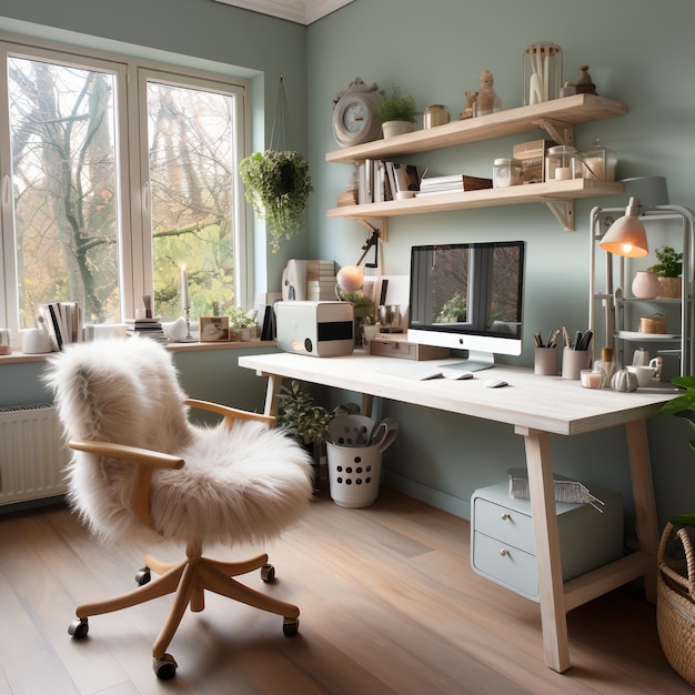 Gemütliches Heimbüro mit Tageslicht und Blick auf den Wald