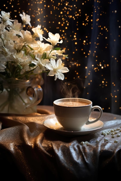 Gemütliches, helles Foto Eine Tasse Kaffee neben den Fensterblumen