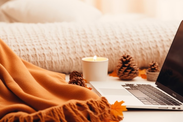 Gemütliches Herbst-Home-Office mit Herbststimmung für Remote-Arbeit und Komfort