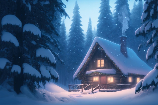 Gemütliches Holzhaus im Winterwald, umgeben von Schnee bedeckt