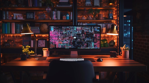 Gemütliches Home-Office-Setup mit Computer und Umgebungsbeleuchtung nachts