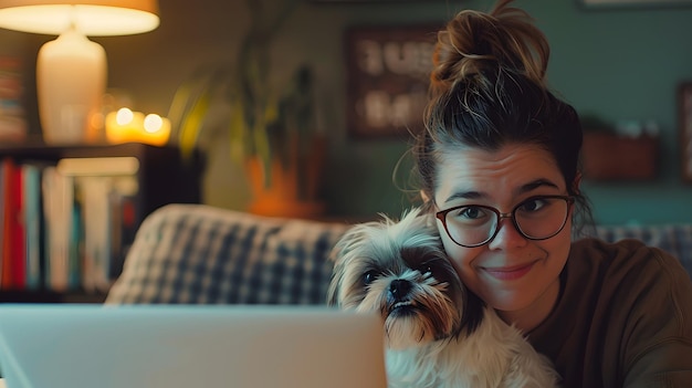 Gemütliches Home-Office-Umfeld mit einer jungen Frau und ihrem Hund Gelegenheitsarbeit von zu Hause Lebensstil in einem warmen Interieur gefasst Freundliche und relatable Remote-Arbeitsszene KI