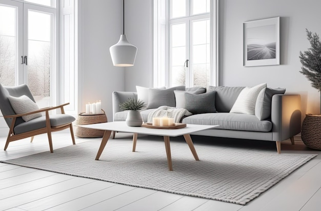 Gemütliches Interieur eines modernen Wohnzimmers im Hygge-Stil Sofa mit Kissen weiße und graue Farben gemütliche gestrickte Plaid-Minimalismus Kerzen KI-generiert