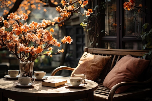 Gemütliches Kaffeehaus mit Herbstdeko und Bäumeblick generativ IA