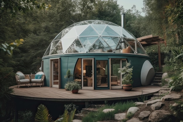 Gemütliches kuppelförmiges Haus aus Glas und Holz in einem wunderschönen Garten gelegen und umweltfreundlich am Abend von Generative AI gebaut