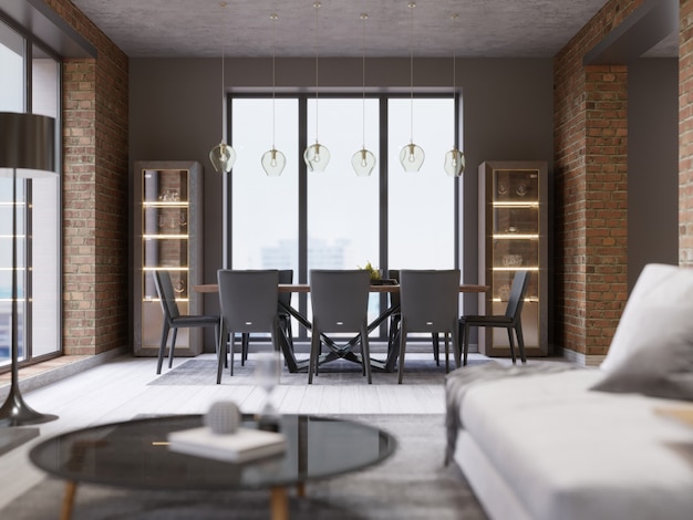 Gemütliches Loft mit Esstisch, Stühlen und Lagerregalen. 3D-Rendering