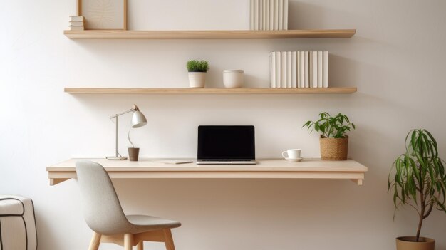 Gemütliches minimalistisches Home-Büro mit hellem Eichen-Schreibtisch