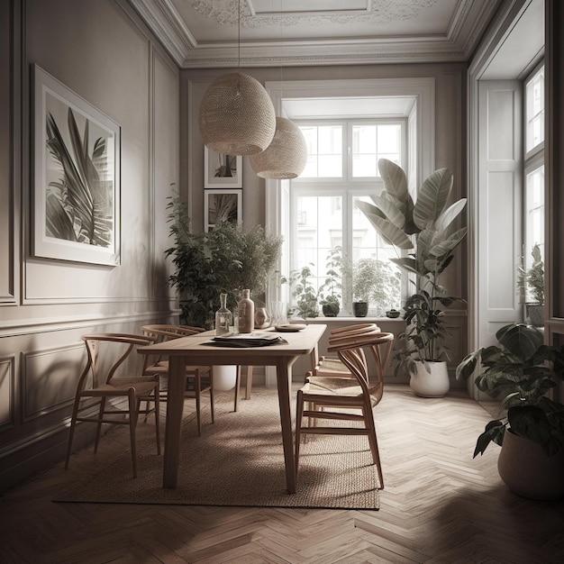 Gemütliches modernes Esszimmer Neutral Beige Skandinavisches Interieur Zeitgenössisches Realistisches Wohnzimmer Ai generiert