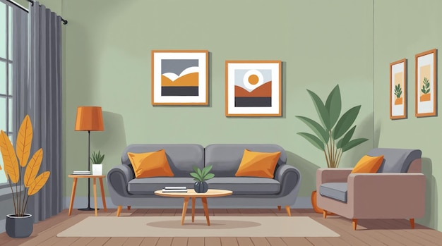 Gemütliches modernes Wohnzimmer-Interior mit Sofa, Sessel und Wandkunst