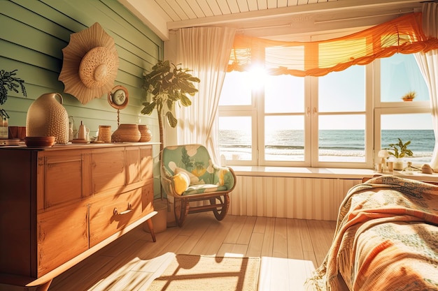 Gemütliches Retro-Zimmer mit Blick auf die Strandsonne, die auf die mit generativer KI erzeugten Wellen scheint