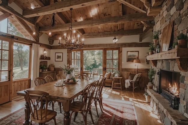 Gemütliches rustikales Bauernhaus-Esszimmer mit Holzbalken, Bauerntisch und Steinkamin