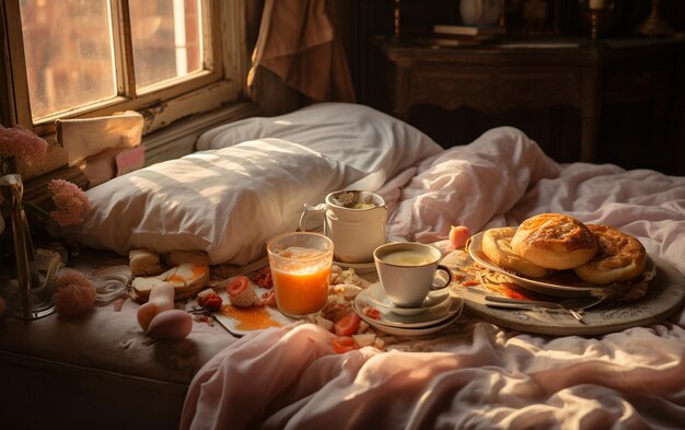 Foto gemütliches schlafzimmer, essen, ein rückzugsort am morgen, generative ki