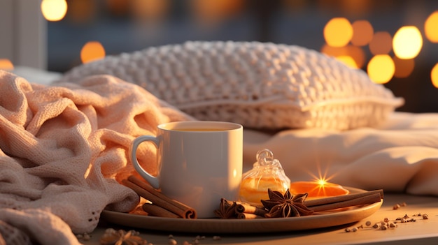 Gemütliches Schlafzimmer gelb mit gestrickter Decke Komfort warmes Licht Winter