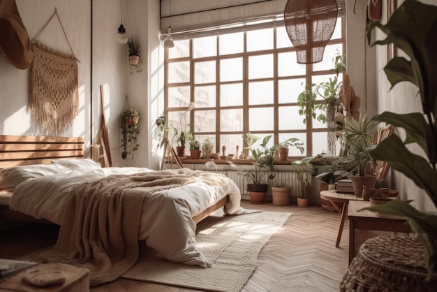 Gemütliches Schlafzimmer im Boho-Stil, Holzmöbel aus Bambus, natürliche Textilien, Lampenschirme aus Korbgeflecht und Dekor zum Wohnen oder Wohnen