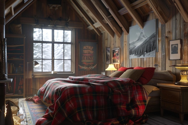 Gemütliches Schlafzimmer in einer Winterhütte mit geräumiger Bettwäsche