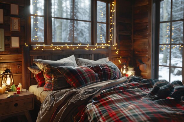 Gemütliches Schlafzimmer in einer Winterhütte mit geräumiger Bettwäsche