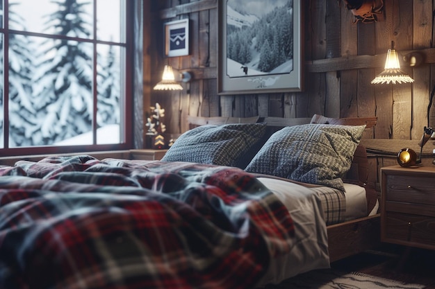 Gemütliches Schlafzimmer in einer Winterhütte mit geräumiger Bettwäsche