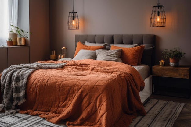 Gemütliches Schlafzimmer mit einer orangefarbenen Bettdecke auf dem Bett Generative AI