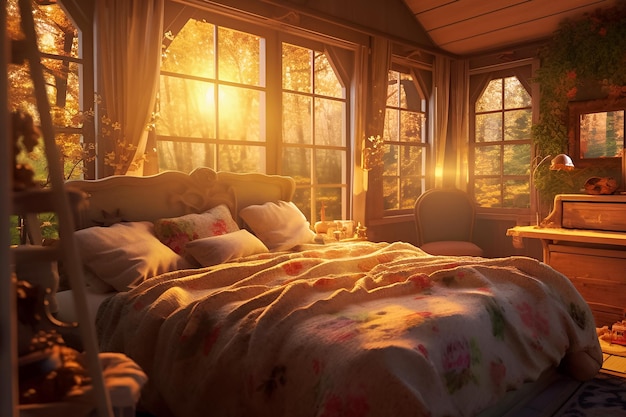Gemütliches Schlafzimmer mit generativem Licht und Klimaanlage